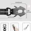 Heavy duty metal carabiner clip shown with a nylon strap and various views of the lock, open, and other functions.