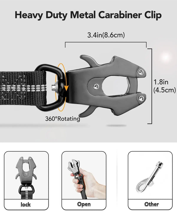 Heavy duty metal carabiner clip shown with a nylon strap and various views of the lock, open, and other functions.