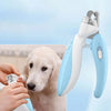 A hand is using a blue LED pet nail clipper on a dog's paw.