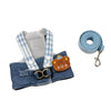 Blue and white plaid dog harness vest with a fluffy cartoon dog head and attached leash.