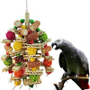 A wooden parrot swing toy for budgies shaped like a tree, featuring various colored balls and natural fibers.