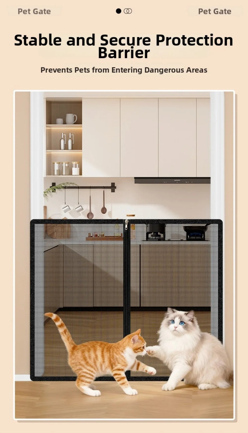 A foldable metal mesh pet gate and barrier is shown in a kitchen cabinet, with two cats standing in front of it.