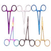 A collection of professional stainless steel pet forceps in various colors and sizes.