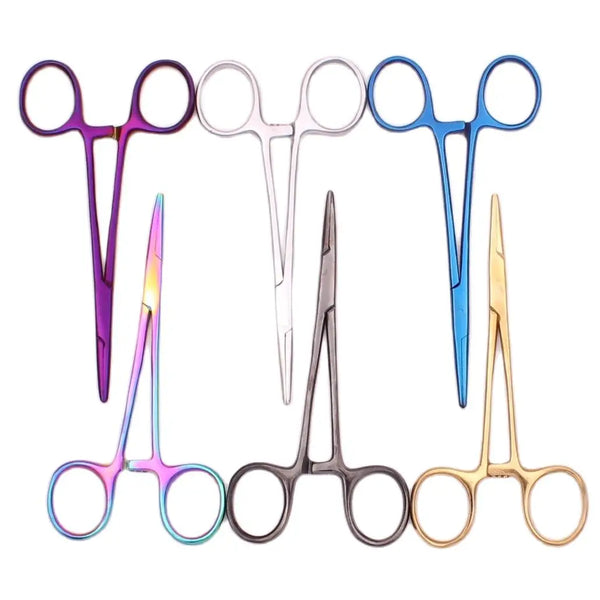 A collection of professional stainless steel pet forceps in various colors and sizes.