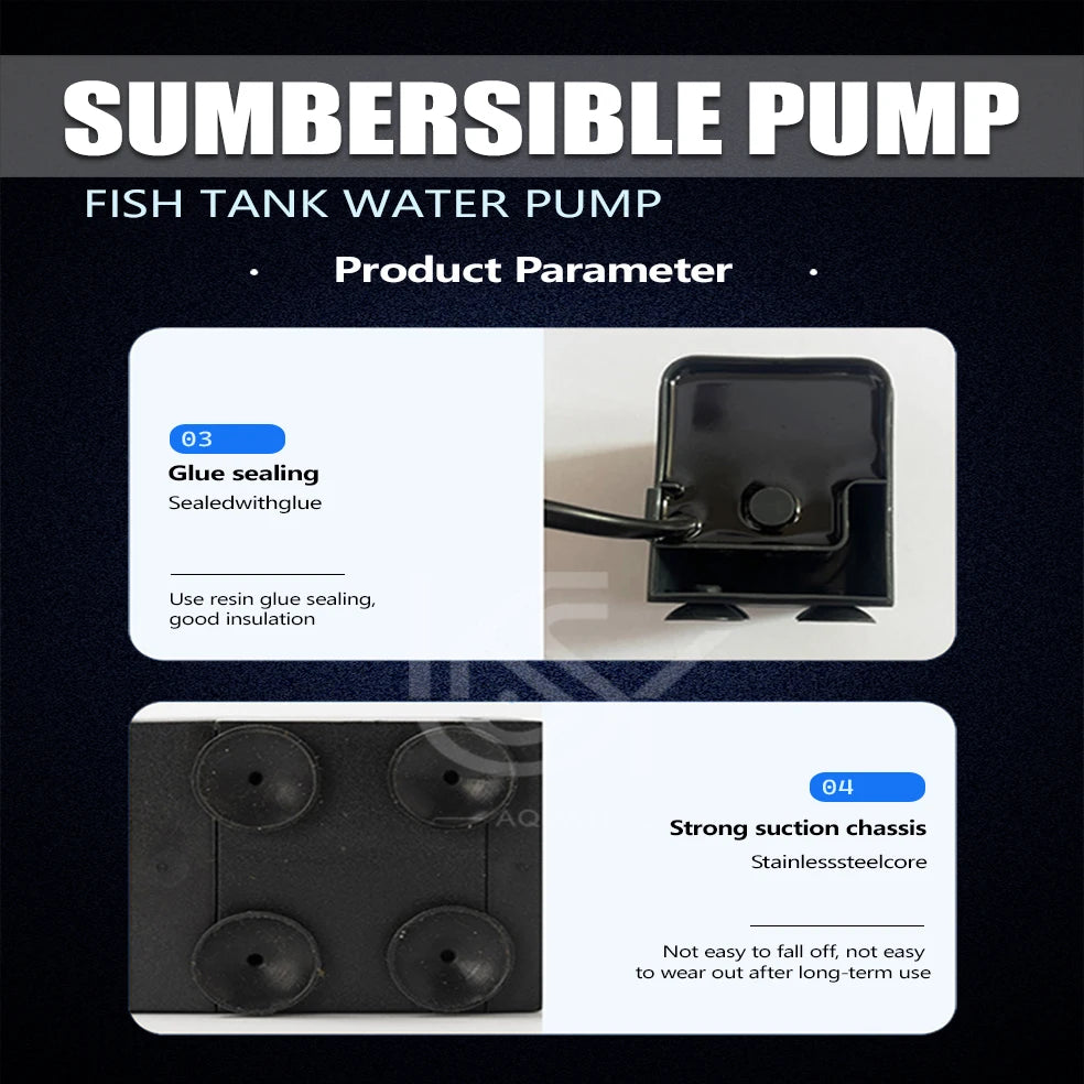 A black submersible pump for fish tank water, showing glue sealing and a strong suction chassis.
