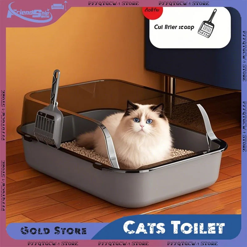 A semi-enclosed cat litter box with high sides and a splash guard containing a fluffy cat.