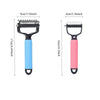 A pair of universal stainless steel pet detangling combs, one blue and one pink.