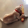 A light beige dog toy resembling a puppy with a red collar and a yellow, textured tail.