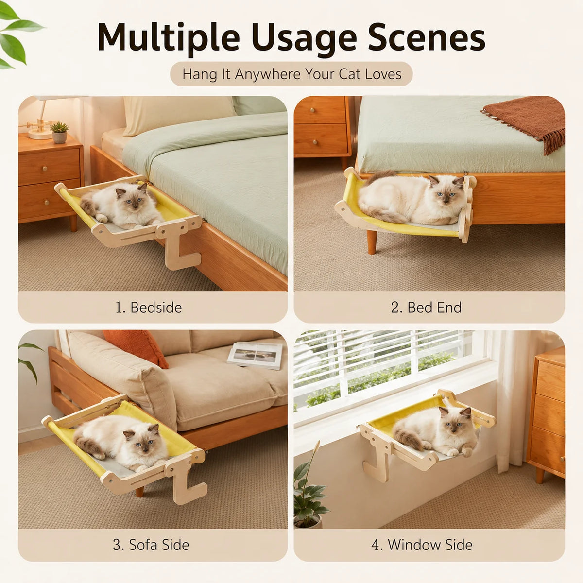 A versatile cat hammock and bed shown in four usage scenes: bedside, bed end, sofa side, and window side.