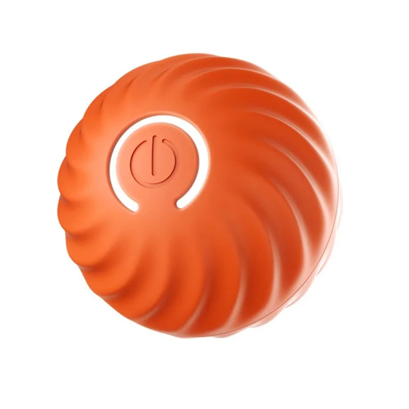 Orange, kugelförmiges, automatisches Springspielzeug für Haustiere mit weißer Aktivierungstaste.