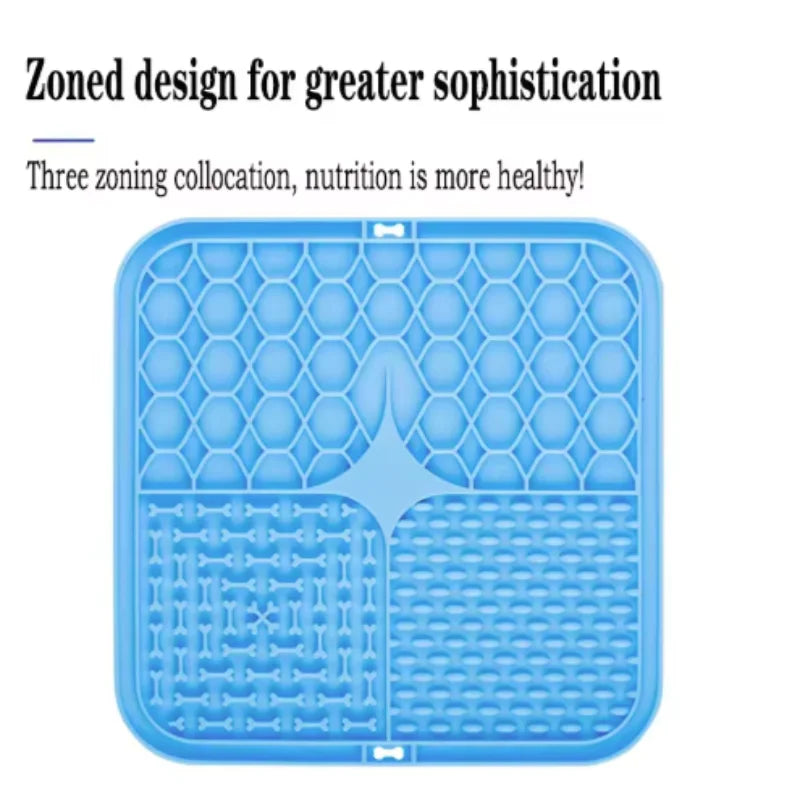 A blue silicone lick mat with three zoned sections for dog bathing and slow food training.