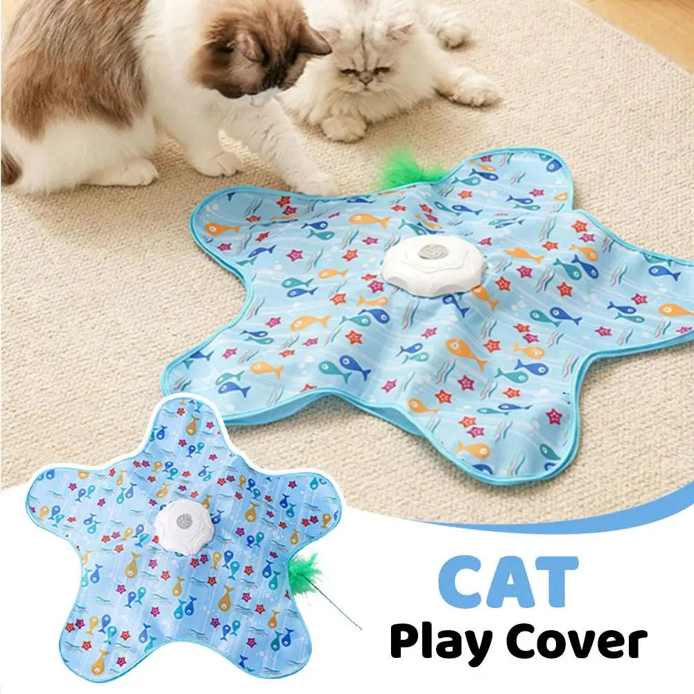 Blue play cover for cats featuring a moving feather wand toy