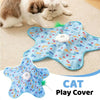 Blue play cover for cats featuring a moving feather wand toy