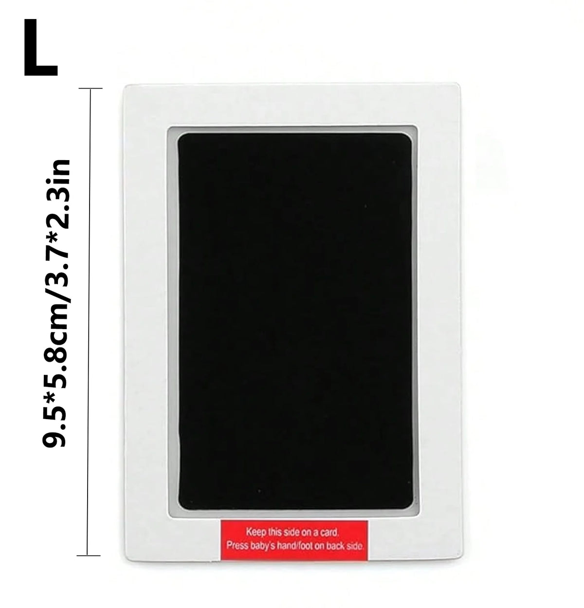 A white rectangular kit for making a baby's hand footprint on a card with instructions.