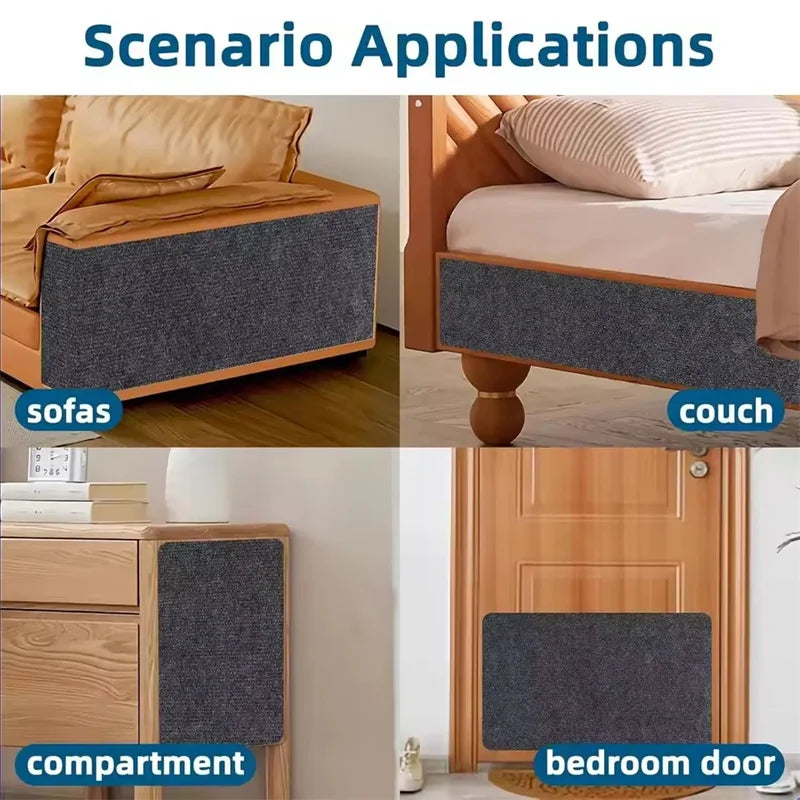 Scenario applications showing the self-adhesive cat scratcher pad protector used on a sofa, couch, compartment, and bedroom d