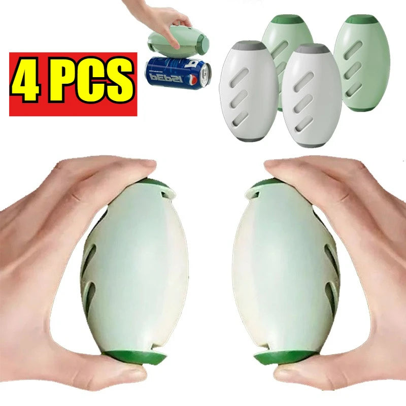 Four reusable pet hair remover rollers in various shades of green and white, shown being held by hands.