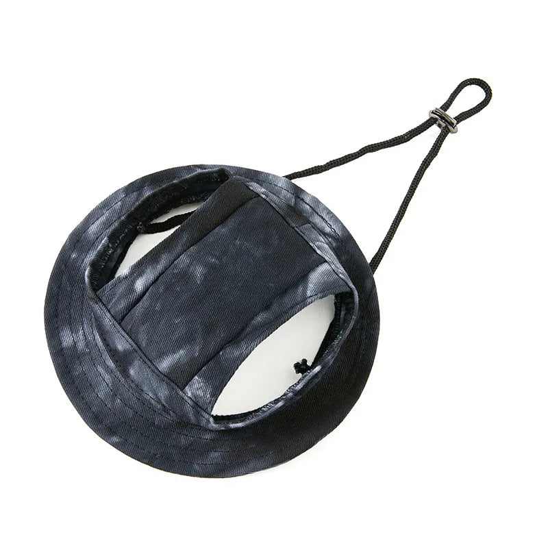 Black fabric pet sun hat with ear holes for dogs and cats