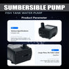 A black submersible pump for fish tank water, shown with various specifications and a large flow option.