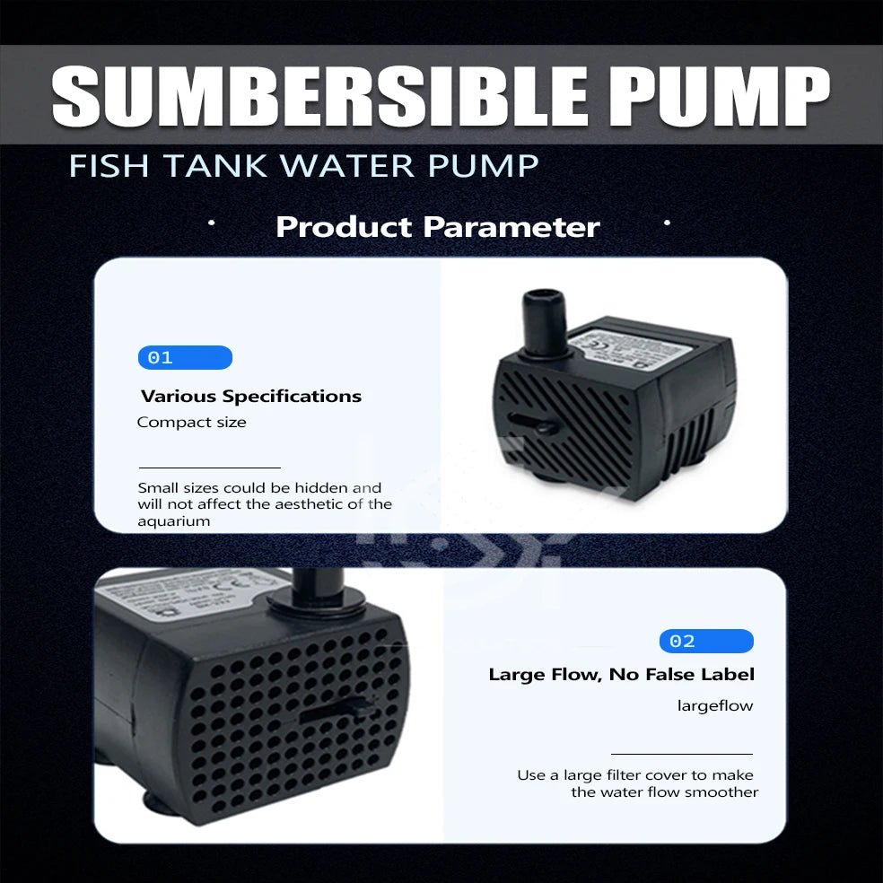 A black submersible pump for fish tank water, shown with various specifications and a large flow option.