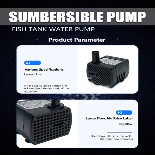 A black submersible pump for fish tank water, shown with various specifications and a large flow option.