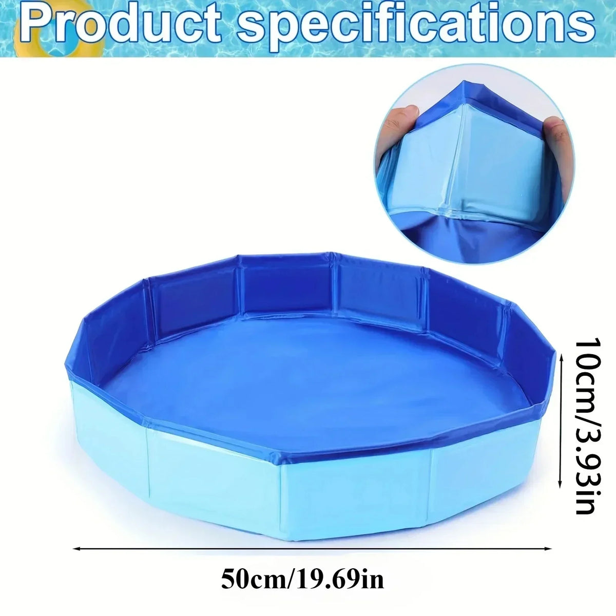 Una piscina plegable azul brillante para mascotas, mostrada en primer plano.