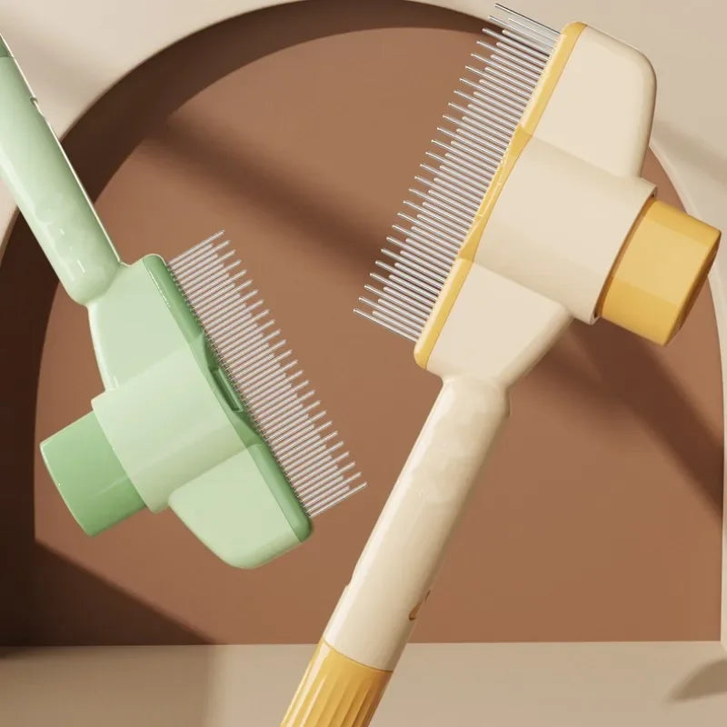 A light green and yellow self-cleaning pet brush with massage pins shown diagonally against a brown background.