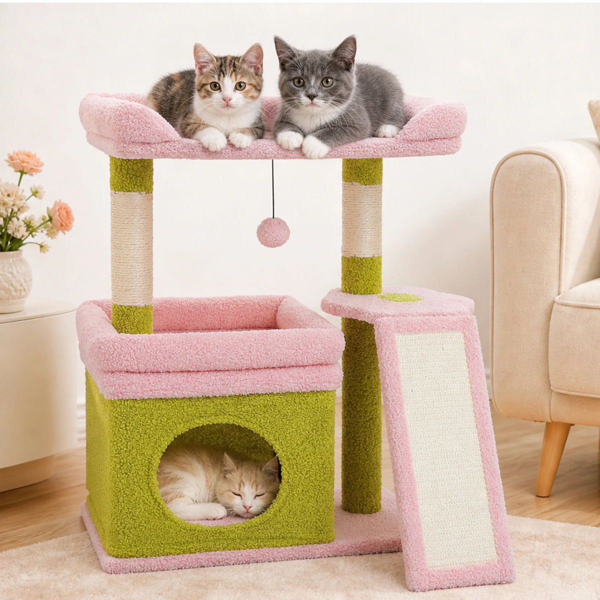A pink cat tree with sisal scratching posts and cozy perches, featuring a green and pink design.