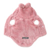 A pink fuzzy fleece hoodie for a small or medium dog, shown flat.