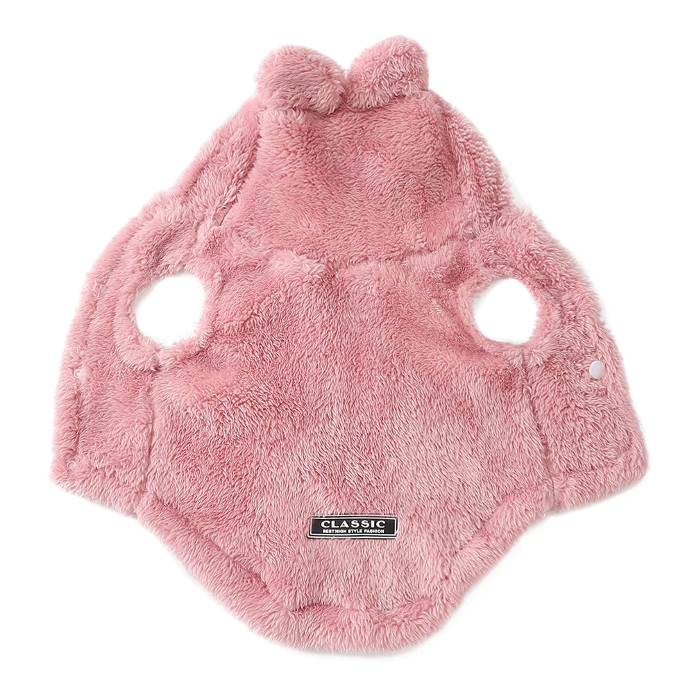 A pink fuzzy fleece hoodie for a small or medium dog, shown flat.