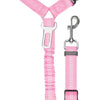 Pink automatic retractable dog leash with buckle and clip attached to a collar.