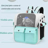 A light blue ventilated cat carrier backpack with a visible and hidden area for pets.