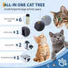 An all-in-one cat tree featuring six scratching posts, comfy caves, two perches, and a scratching board for cats.