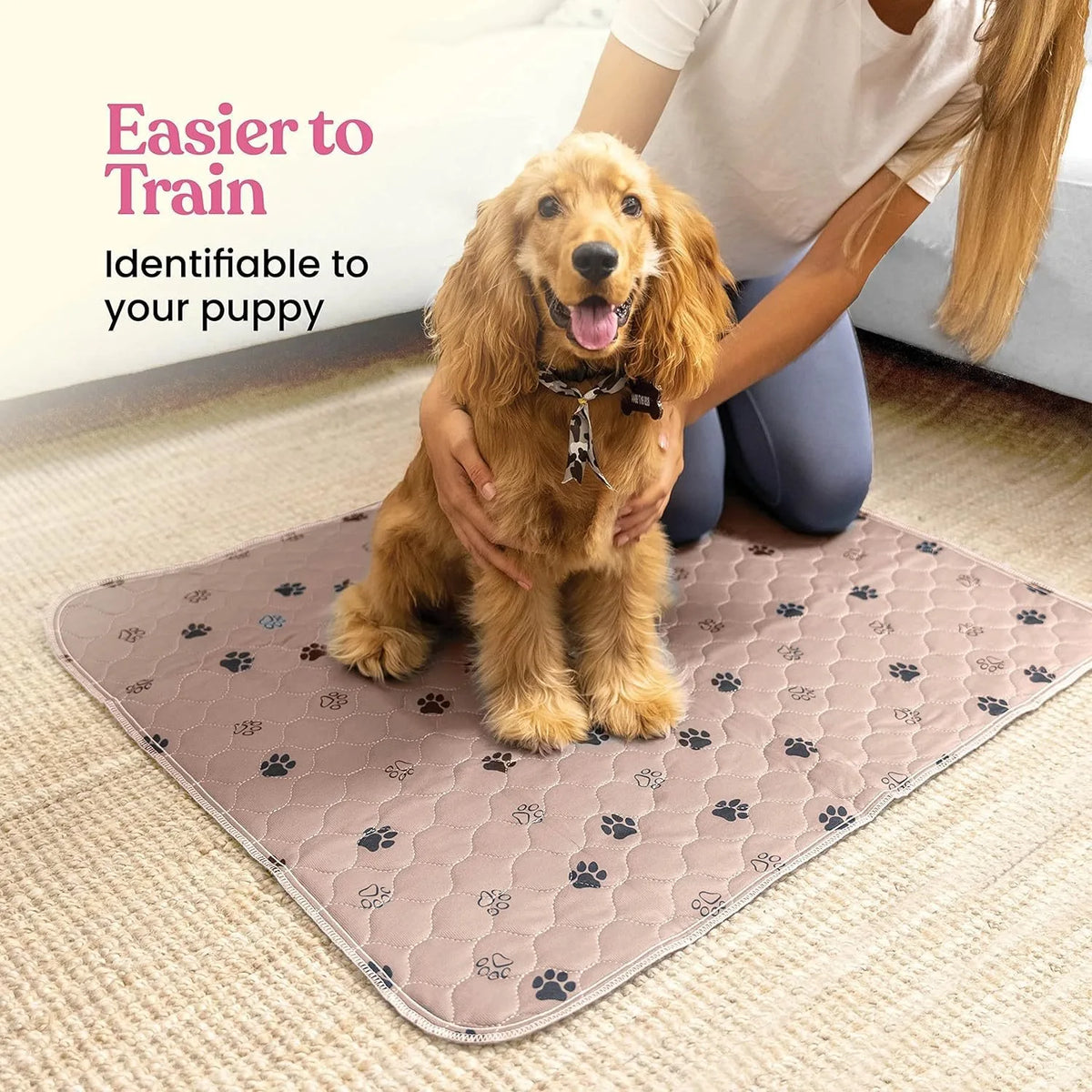 A person is holding a golden retriever puppy on a pink washable reusable dog urine pad for training.