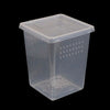 A clear plastic reptile habitat box with a lid and multiple ventilation holes.