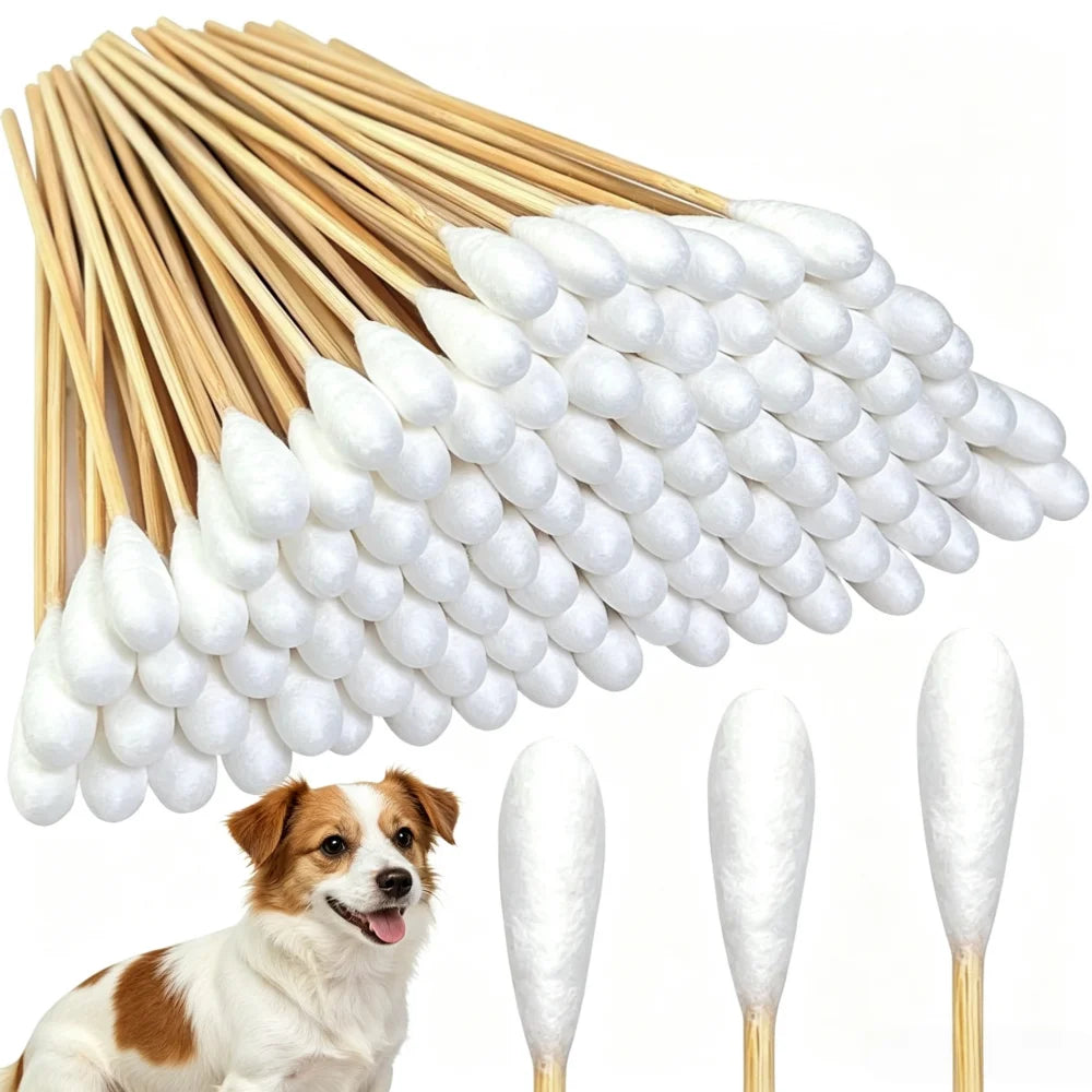 A bundle of long cotton swabs is shown next to a dog.