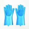 A pair of bright blue silicone pet grooming gloves for dogs and cats showing the hand and fingers.