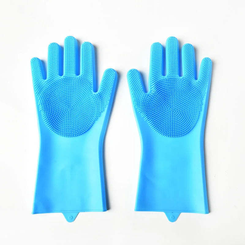 A pair of bright blue silicone pet grooming gloves for dogs and cats showing the hand and fingers.