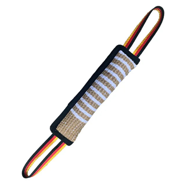 Durable jute dog tug of war training toy with striped cord handles