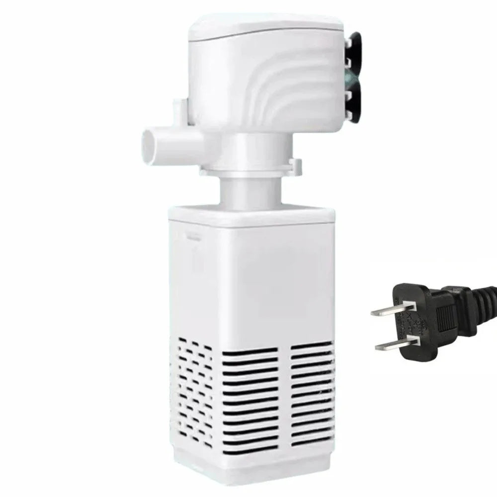 A white 3-in-1 aquarium water circulation pump with a motor and tubing visible.
