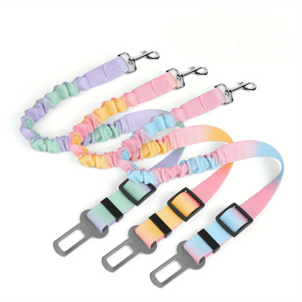 Colorful adjustable dog car seat belts with elastic bungee buffers in pastel shades