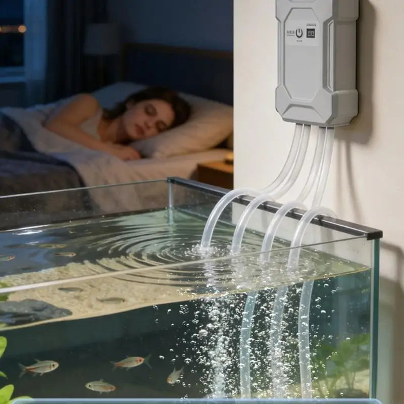 Portables Aquarium-Setup mit Fischen, Wasserpumpe und Schlauch, angeschlossen an eine Steckdose.