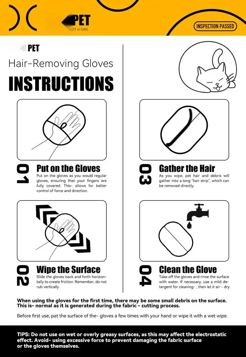 Instructions for Pet Hair-Removing Gloves showing steps to put on, wipe the surface, and clean the gloves.