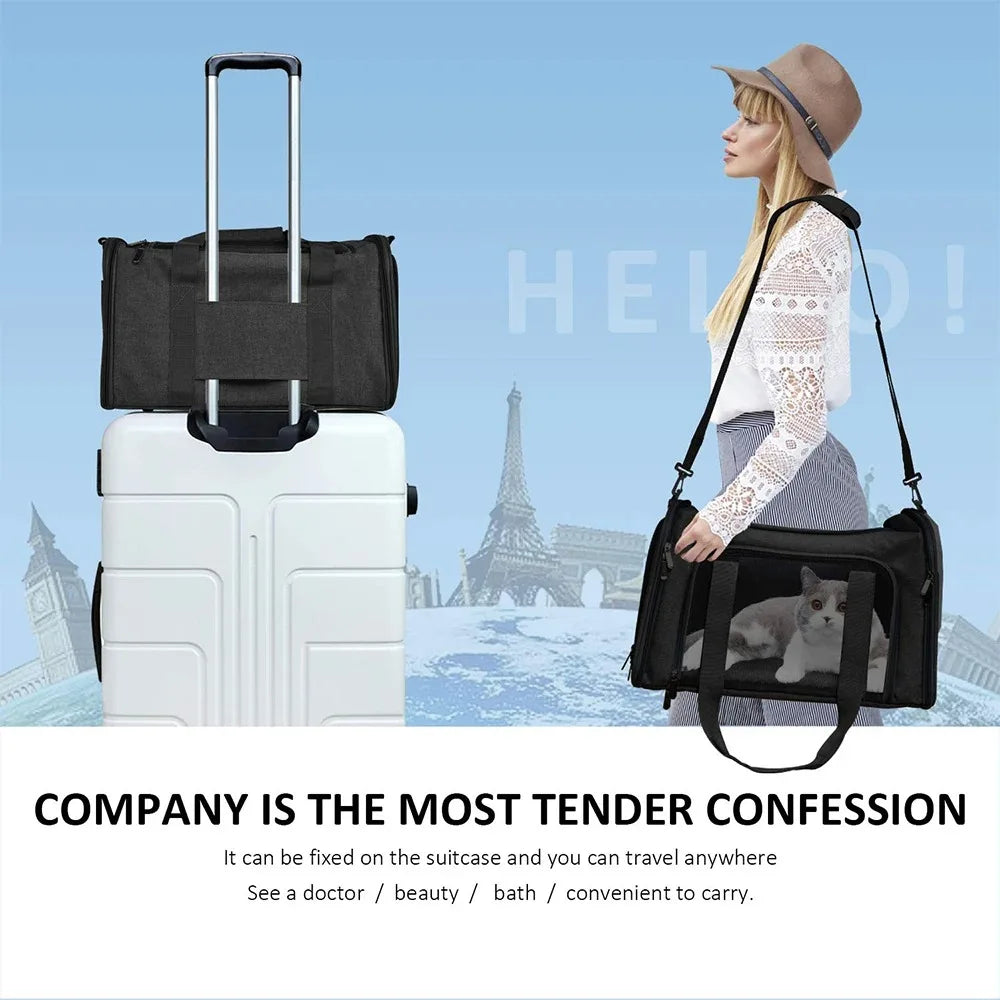 A woman is carrying a black portable pet carrier bag on her shoulder, with a white suitcase visible in the background.