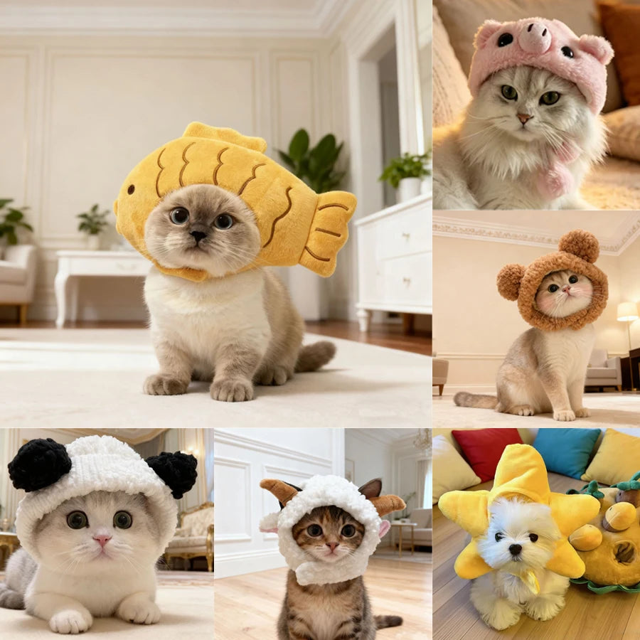 Adorable bear cap pet head cover for cats and small dogs shown in various colors and styles.