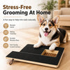 A happy dog is sitting next to a wooden grooming board with a treat box for trimming nails at home.