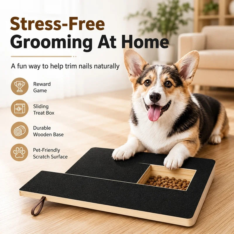 A happy dog is sitting next to a wooden grooming board with a treat box for trimming nails at home.