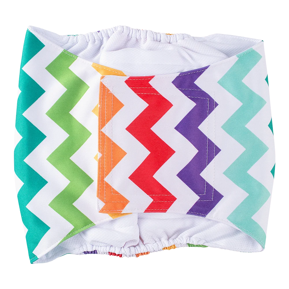 A colorful, striped washable belly band for a male dog, featuring green, yellow, red, and purple patterns.