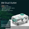 A clear 8W dual outlet air pump with a green cap and internal components displayed on a white surface.