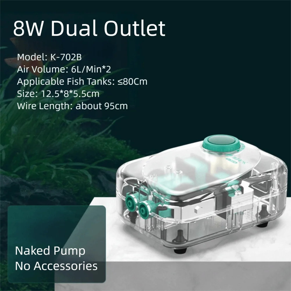 A clear 8W dual outlet air pump with a green cap and internal components displayed on a white surface.
