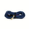 A coiled navy blue heavy-duty waterproof dog leash with a gold-colored clip and black strap.